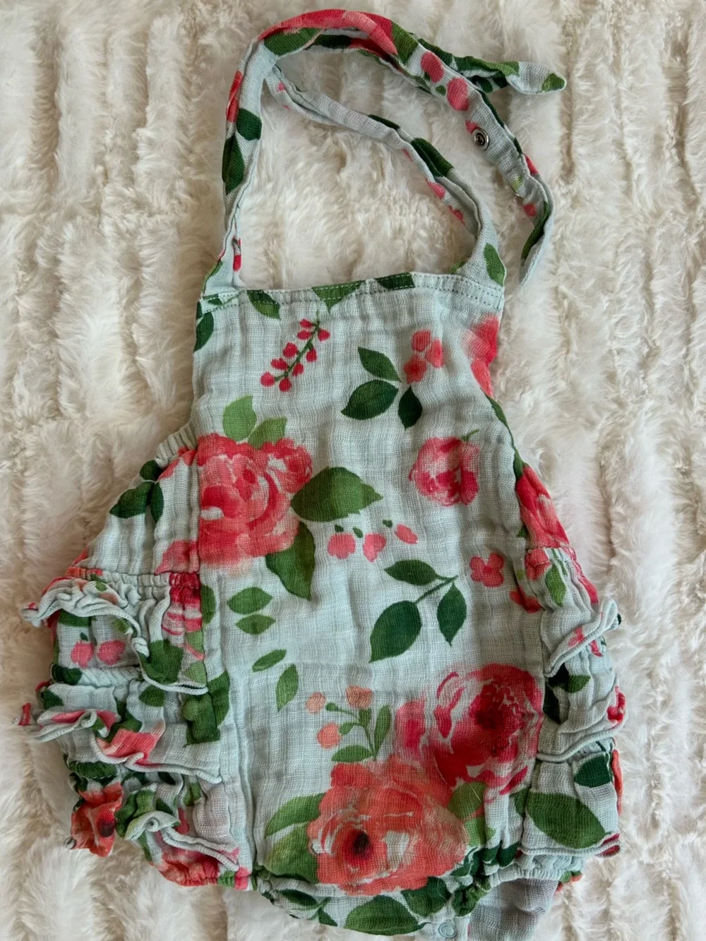 Angel Dear Green and Pink Cotton Muslin Bubble Romper